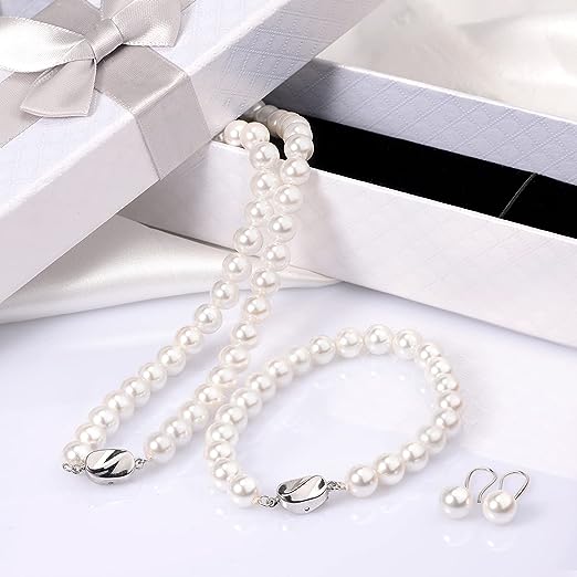 Pearl necklace set suitable for ladies and girls, 8mm round shell pearls including stunning bracelets and pendant earrings 3 pieces of jewelry, for mother, wife, sister, best friend birthday Christmas gift, gift box