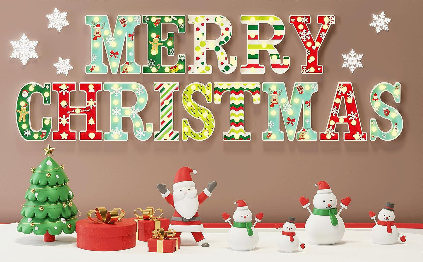 Christmas decorations-14 LED letter Christmas lights "Happy Christmas", suitable for Christmas party home decoration, surface UV printing snowflakes, Christmas trees, elk, Christmas hats, etc., warm white