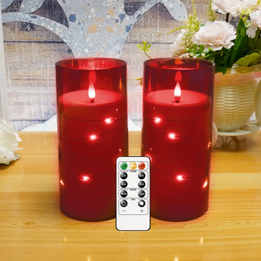 2 Packs Flickering Flameless Candle, Built-in Star String Light Unbreakable 3D Wick Glass Battery Powered LED Pillar Candle - Acrylic Battery Candle With Remote Control And Timer For Christmas Halloween Parties 6"x6"(Red)