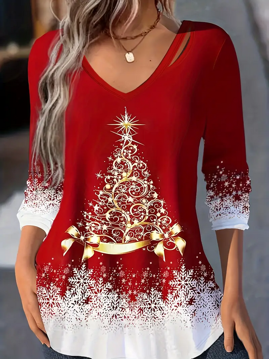 Christmas Print Cut Out V Neck T-Shirt, Casual Long Sleeve T-Shirt, Women's Clothing