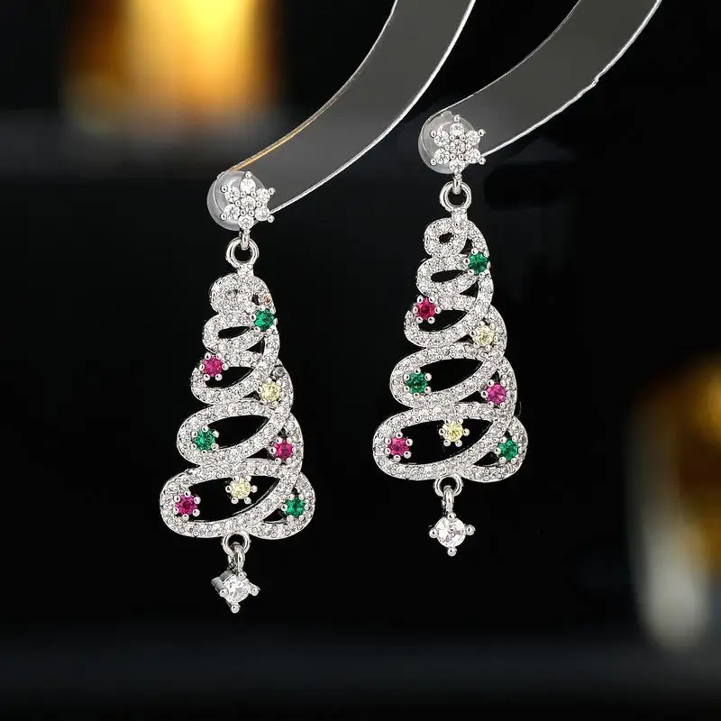 S925 Silvery Needle Holiday Atmosphere Earrings, Niche Design Zircon Snowflake Colorful Christmas Tree Earrings
