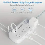Flat Plug Surge Protector Power Strip, 5 Ft Braided Flat Extension Cord With 3 USB Charger(1 USB C), 8 AC Outlets Compact Desk Charging Station Wall Mount For Office, School, Dorm