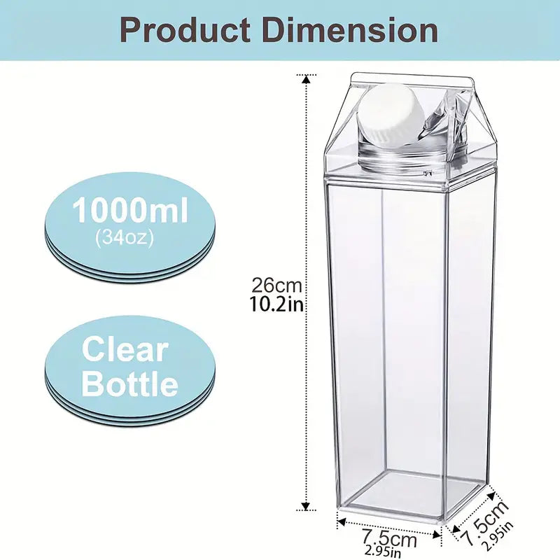 17oz/34oz Large Capacity Milk Box Shaped Water Bottle, Portable Transparent Square Bottle For Home Kitchen, Outdoor Sports, Camping, Gym Fitness