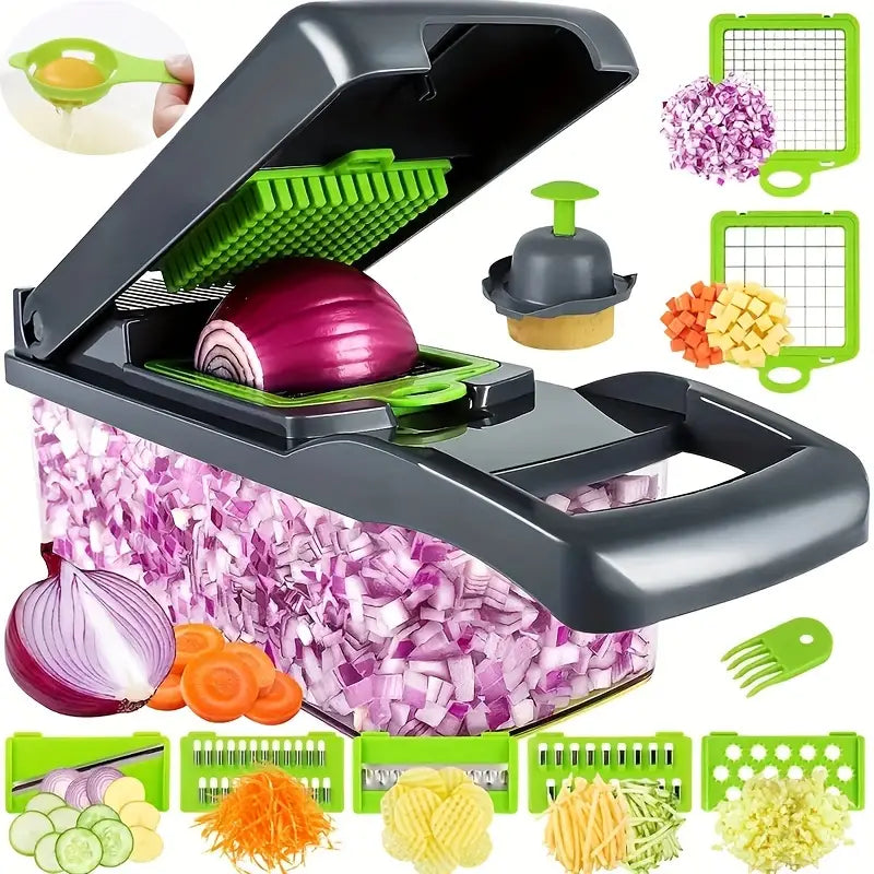 12pcs/16pcs/Set, Vegetable Chopper, Multifunctional Fruit Slicer, Handle Food Grater, Vegetable Slicer, Cutter With Container, Onion Mincer Chopper With Multiple Interchangeable Blades, Household Potato Shredder, Kitchen Stuff, Kitchen Gadgets