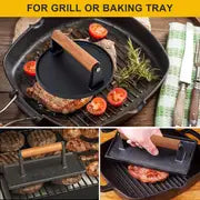 1pc, Cast Iron Grill Press For Perfectly Seared Bacon, Steak & Sandwiches | Equalized Weight Distribution | Food-Grade Press With Wood Handle |Round | Square