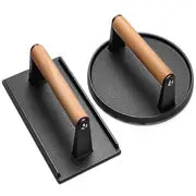 1pc, Cast Iron Grill Press For Perfectly Seared Bacon, Steak & Sandwiches | Equalized Weight Distribution | Food-Grade Press With Wood Handle |Round | Square