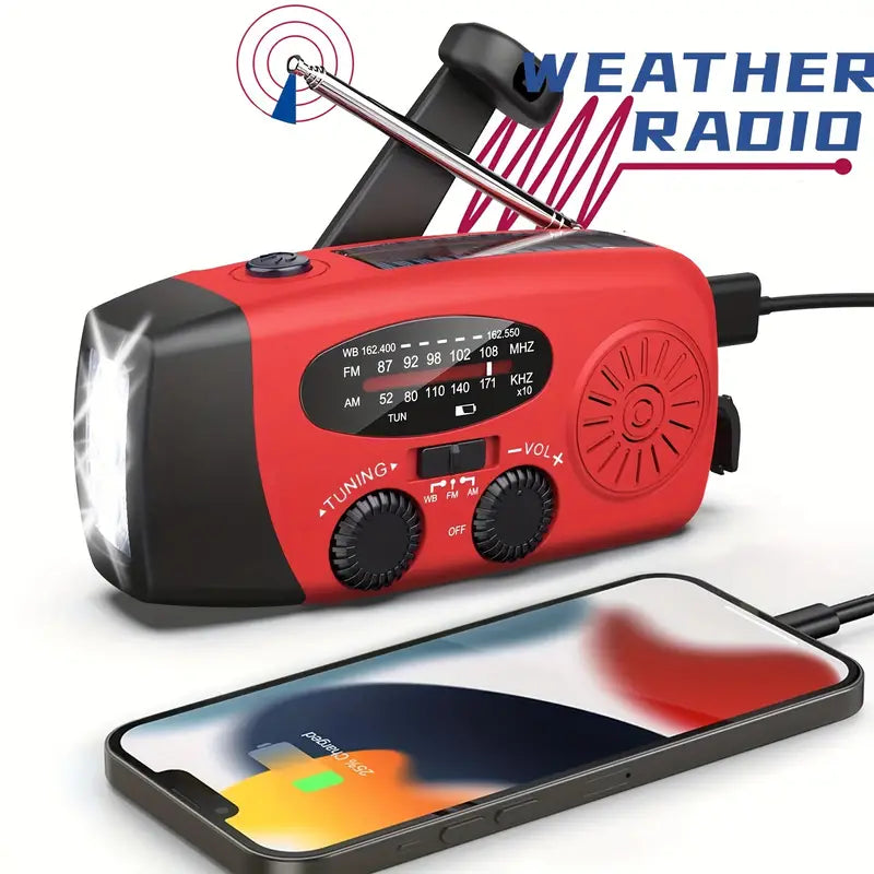 NOAA Weather Radio, AM FM WB Hand Crank Emergency Radio, 2000mAh Power Bank For Phone Charger Portable Solar Radio, Weather Alert, Flashlight For Emergency
