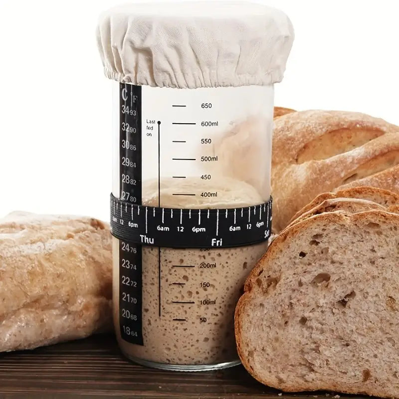1set, Sourdough Starter Jar, For Sourdough Bread Baking, Sourdough Starter Kit With Date Marked Feeding Band, Thermometer, Scraper, Sourdough Container Sewn Cloth Cover & Metal Lid, Baking Accessories