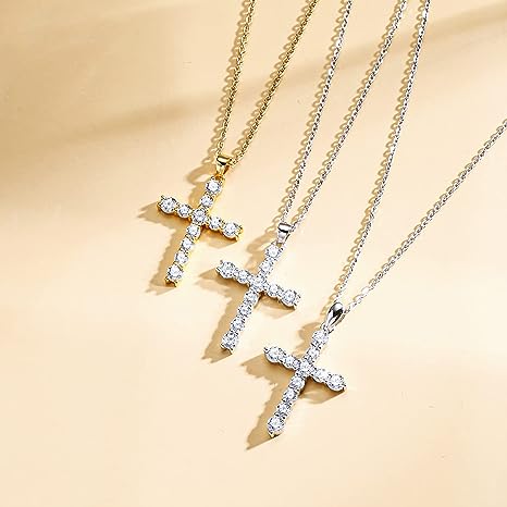 Yellow gold-plated sterling silver cubic zirconia Cz simulation diamond cross cross pendant necklace jewelry Easter gift for women and girls, 18"silver chain nice gift jewelry box