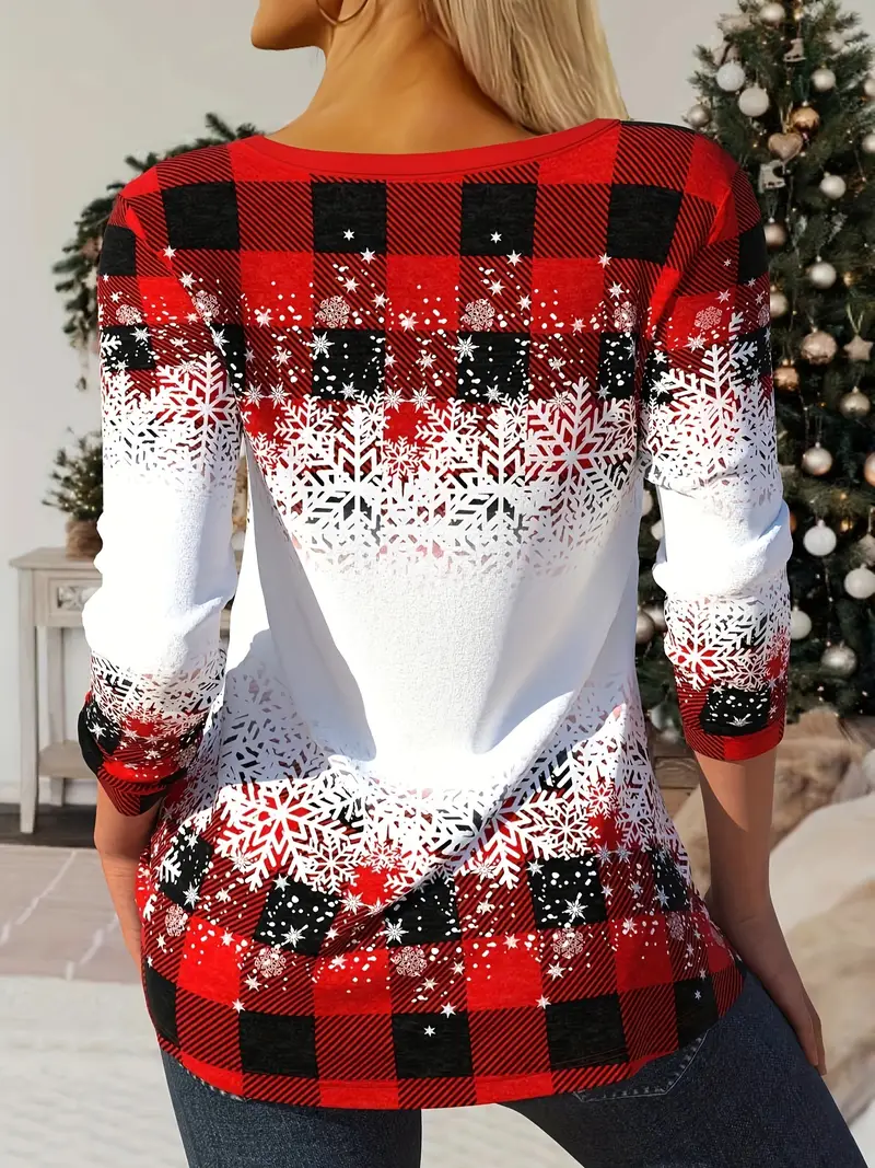 Plus Size Christmas T-shirt, Women's Plus Snowman & Plaid & Slogan Print Cut Out Long Sleeve V Neck Medium Stretch T-shirt