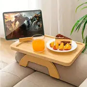 1pc Non-Slip Wooden Sofa Tray With Rotating Phone Holder And Foldable Armrest Table - Perfect For Wide Sofas And Drink Holder Shelf
