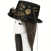 Steampunk Top Hat with Metal Chain and Goggles - Victorian Headdress Costume Accessory for Women - Perfect for Halloween and Cosplay