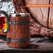 1pc Viking Beer Mug, Double Wall Insulated Whiskey Barrel Cup, Viking Wood Style Beer Mug, Wooden Gift Antique Arrel Capacity