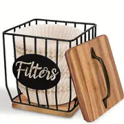 Rustic Coffee Filter Holder With Lid, Acacia Coffee Filter Holder Storage Container Basket, Square Coffee Filter Dispenser Coffee Filter Container For Counter, Coffee Bar Accessories Decor