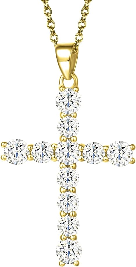 Yellow gold-plated sterling silver cubic zirconia Cz simulation diamond cross cross pendant necklace jewelry Easter gift for women and girls, 18"silver chain nice gift jewelry box