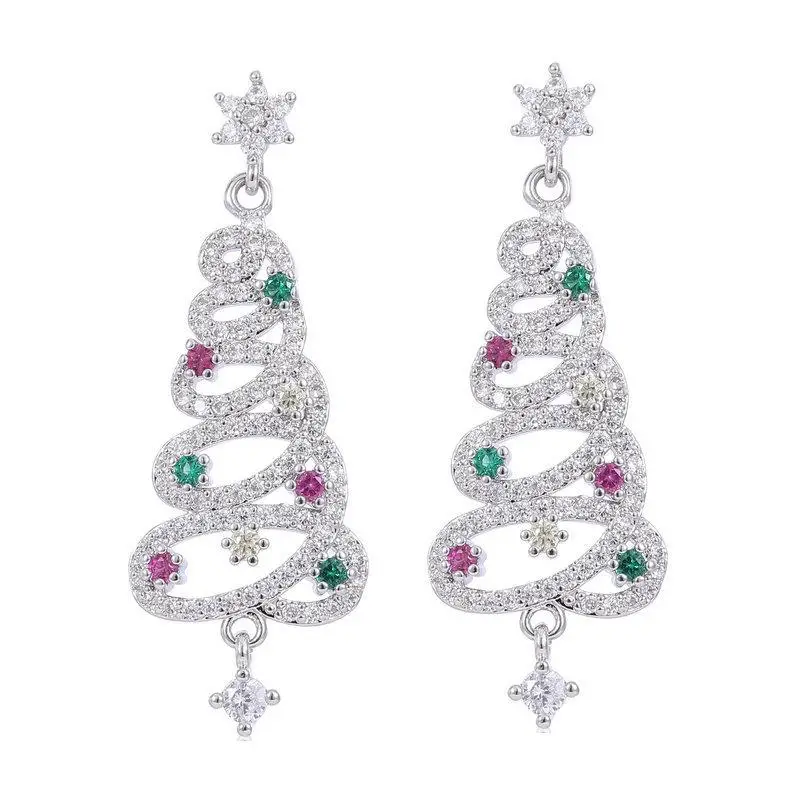 S925 Silvery Needle Holiday Atmosphere Earrings, Niche Design Zircon Snowflake Colorful Christmas Tree Earrings