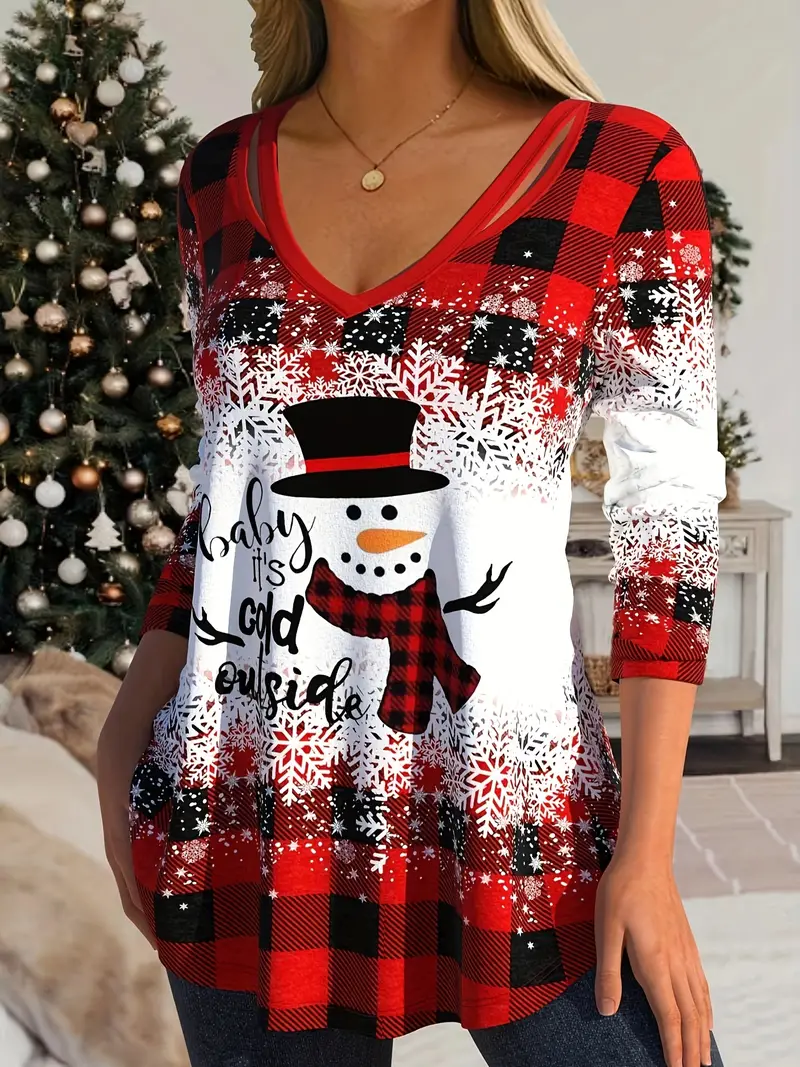 Plus Size Christmas T-shirt, Women's Plus Snowman & Plaid & Slogan Print Cut Out Long Sleeve V Neck Medium Stretch T-shirt