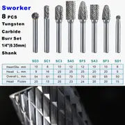 8pcs Carbide Burr Set 1/4" Shank Die Grinder Bits Rotary Rasp File For Metal Wood Weld Concrete Stone Grinding Porting Deburring Engraving Polishing Double Cut