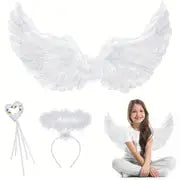 White Wing With Halo And Wand Angel Costume, Feather White Wing For Girls, Angel Wings For Halloween Carnival Cosplay Supplies