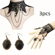 3pcs/set Classic Gothic Lace Choker Necklace Bracelet Earrings For Women Charm Halloween Jewelry Set