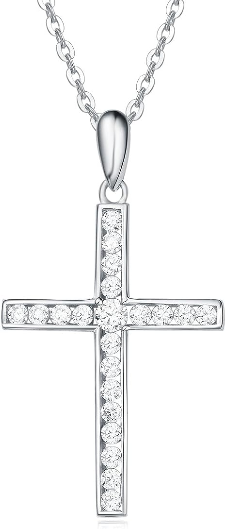 Yellow gold-plated sterling silver cubic zirconia Cz simulation diamond cross cross pendant necklace jewelry Easter gift for women and girls, 18"silver chain nice gift jewelry box