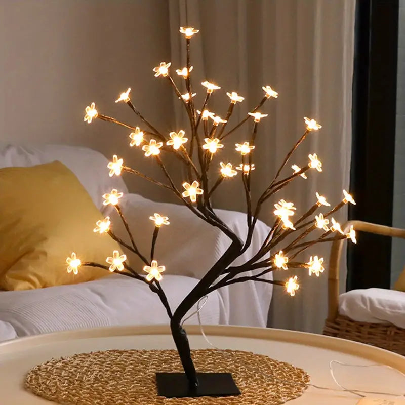 Creative Cherry Blossom Tree Design LED Light, 24/36/48 Led Flower Design Lantern For Wedding Festival Party Bedroom Decor, Christmas & Halloween Decorations