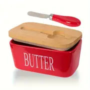 1 Set, Butter Dish With Bamboo Lid And Butter Knife, Large Ceramic Butter Box, Ideal For Kitchen Baking And Gifting, Airtight Butter Keeper Container For Countertop Or Refrigerator, Home Kitchen Items