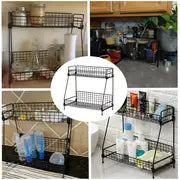 1pc 2-Tier Kitchen and Bathroom Spice Rack - Wire Basket Storage Container for Countertop Shelf Organization - Black and White - Home Kitchen Supplies