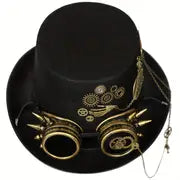 Steampunk Top Hat with Metal Chain and Goggles - Victorian Headdress Costume Accessory for Women - Perfect for Halloween and Cosplay