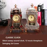 Elegant European-Style Table Clock - Silent Sweep Second Hand, 12 Music Chimes, Antique Base - Battery Powered