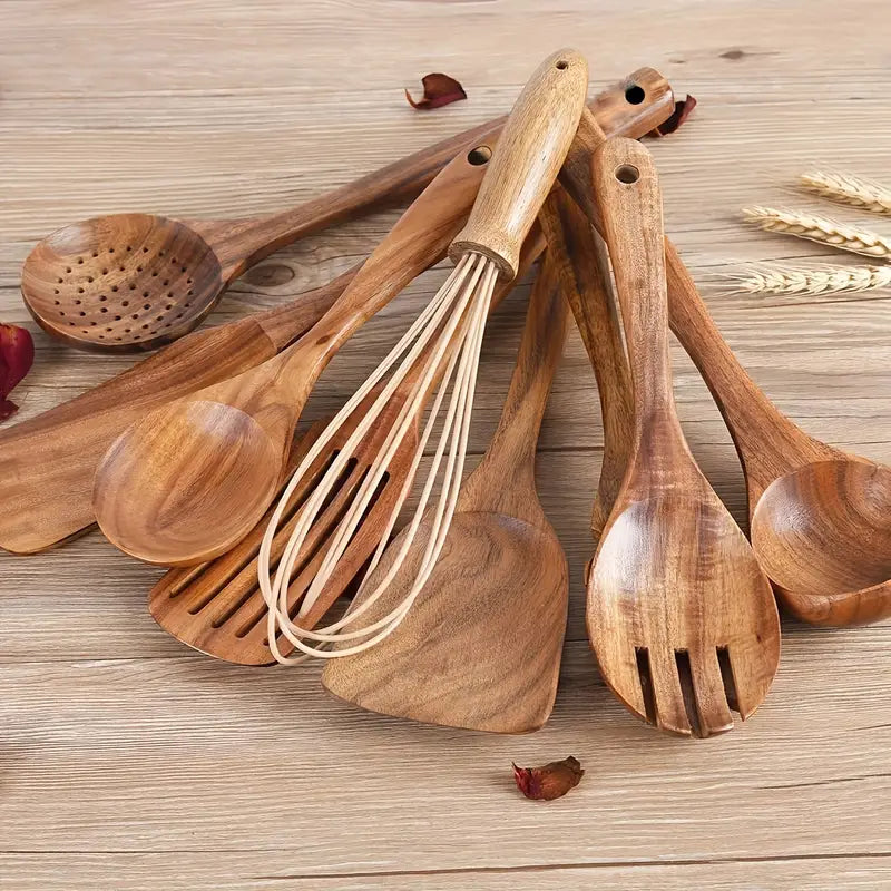 1pc Kitchen Utensils Set With Holder, Kitchen Wooden Utensils For Cooking , Wood Utensil Natural Teak Wood Spoons For Cooking,Wooden Kitchen Utensil Set With Spatula And Ladle, Father's Day Gifts