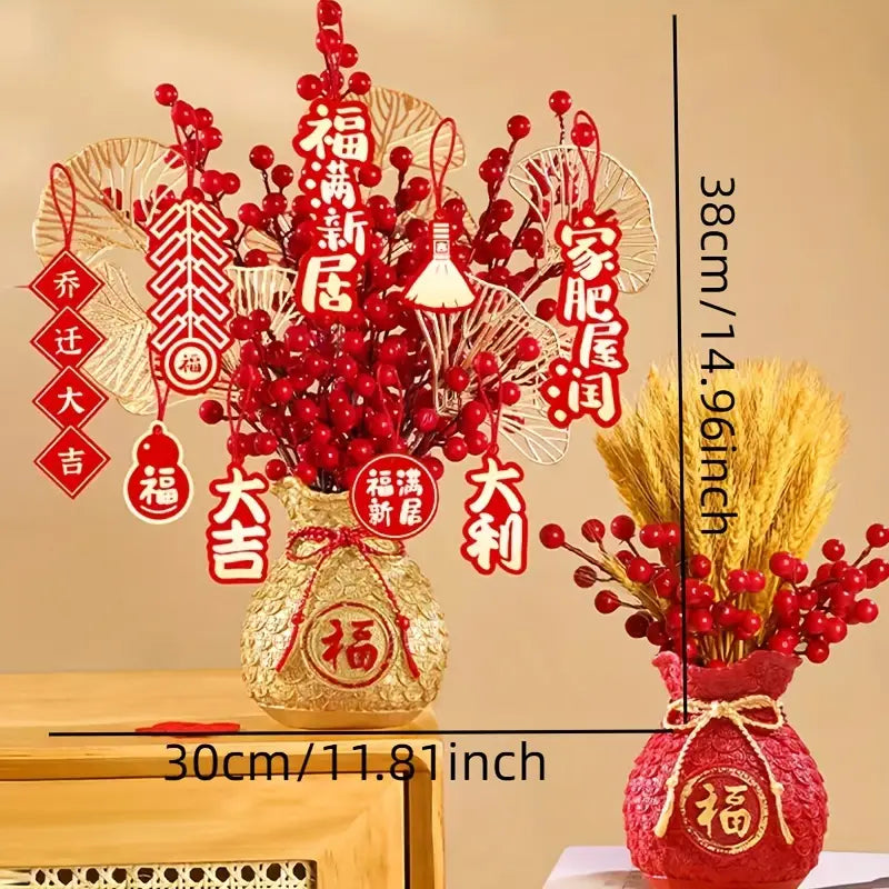 1pc Artificial Red Fruit Lucky Bag Vase, Suitable For Living Room Home Table Decor, Chinese New Year Fortune Fruit Simulated Flower Ornament