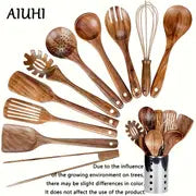1pc Kitchen Utensils Set With Holder, Kitchen Wooden Utensils For Cooking , Wood Utensil Natural Teak Wood Spoons For Cooking,Wooden Kitchen Utensil Set With Spatula And Ladle, Father's Day Gifts