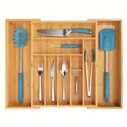1pc Bamboo Drawer Organizer With Expandable Cutlery Tray Desk Drawer Organizer Grooved Drawer Dividers