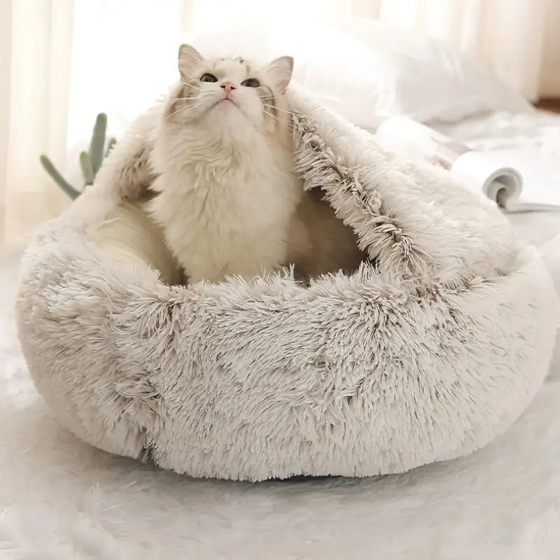 Round Plush Pet Nest, Semi-enclosed Warm Soft Cat Bed Nest Dog Cushion Bed, Calming Donut Cuddler Cat Bed Nest