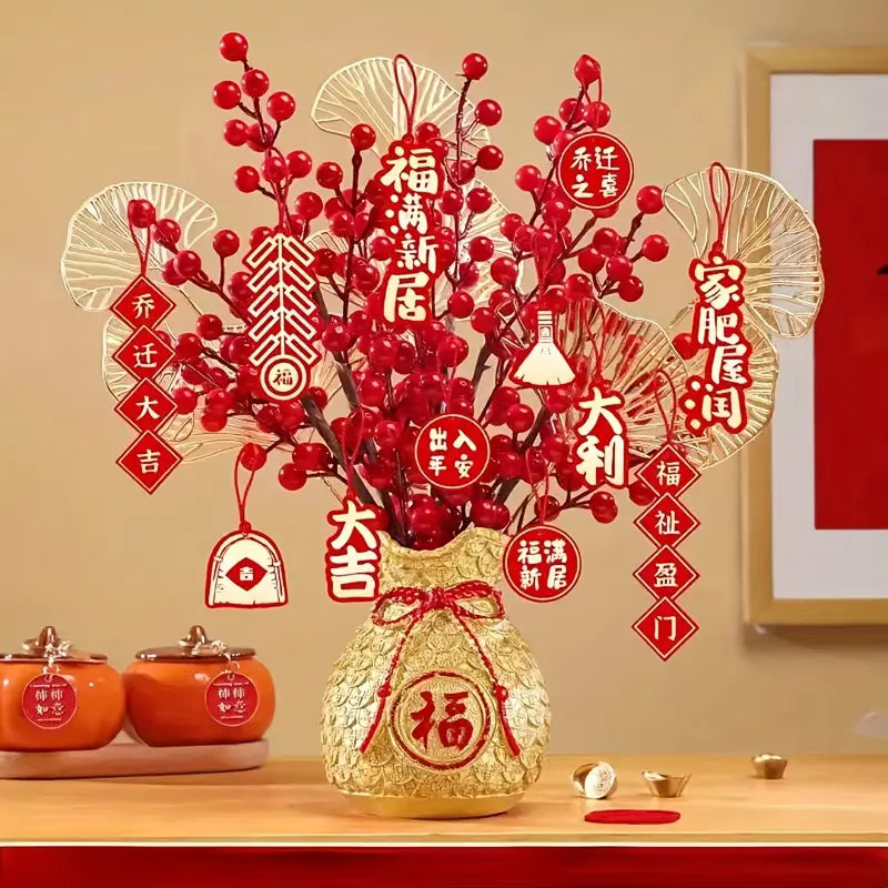 1pc Artificial Red Fruit Lucky Bag Vase, Suitable For Living Room Home Table Decor, Chinese New Year Fortune Fruit Simulated Flower Ornament