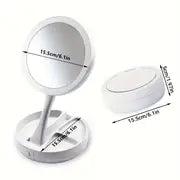 1pc Foldable Makeup Mirror With Led Light Storage Box Organizer, Double Sided 1X & 10X Magnifying Retractable Mirror For Table, Vanity, Cosmetic