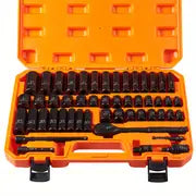 50pcs 3/8" Drive Impact Socket Set, Standard SAE (5/16 To 3/4 Inch) And Metric (8-22mm) Size, 6 Point, Cr-V, 3/8-Inch Drive Ratchet Handle, Drive Extension Bar, Impact Universal Joint