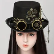 Steampunk Top Hat with Metal Chain and Goggles - Victorian Headdress Costume Accessory for Women - Perfect for Halloween and Cosplay