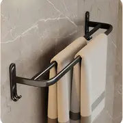 1pc Towel Rack, Punch Free Folding Holder, Towel Hanger, Bathroom Accessories, Wall-Mounted Shower Hanger With Hook, Black/Gray Bathroom Shelf