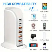 2023 USB Wall Charger Multiport Tower, 40W 6 Port Multi USB Charger Station With Auto Detect Technology, USB Charging Station For Multiple Devices For Smartphone Tablet Type-C