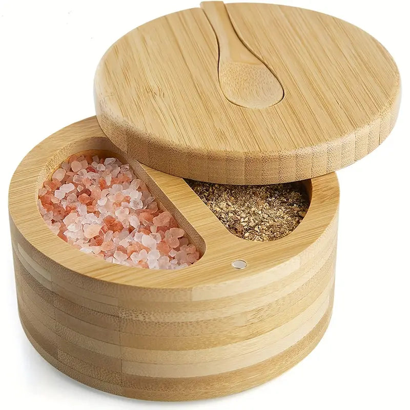 1pc, Salt Box, Bamboo Salt Box, Salt Cellar, Bamboo Salt Cellar, Wooden Storage Box, Spice Storage Box With Spoon, Creative Salt Cellar, Seasoning Container With Magnetic Lid, Kitchen Stuff, Kitchen Gadgets, Back To School Supplies