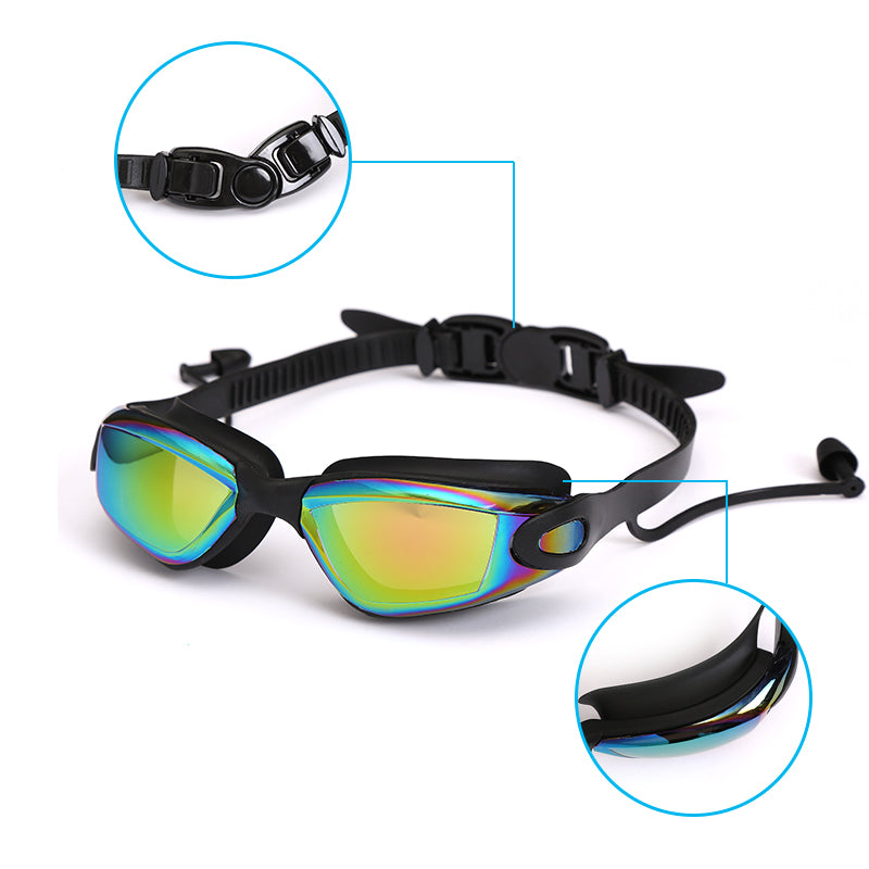 Swim Eyewear Adluts Silicone Swimming Goggles swimming glasses with earplugs and Nose clip Electroplate black/gray/blue