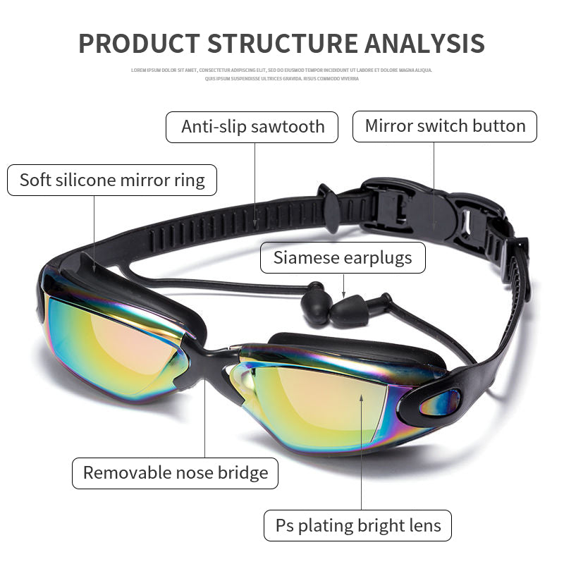 Swim Eyewear Adluts Silicone Swimming Goggles swimming glasses with earplugs and Nose clip Electroplate black/gray/blue