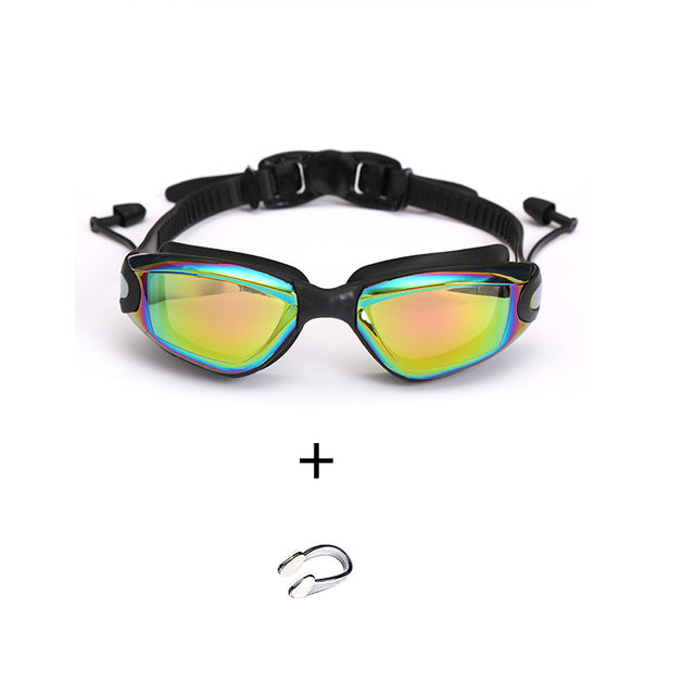 Adults Antifog Professional Swimming Goggles Black Swimming Glasses with Earplugs Nose Clip Electroplate Silicone Swim Glasses