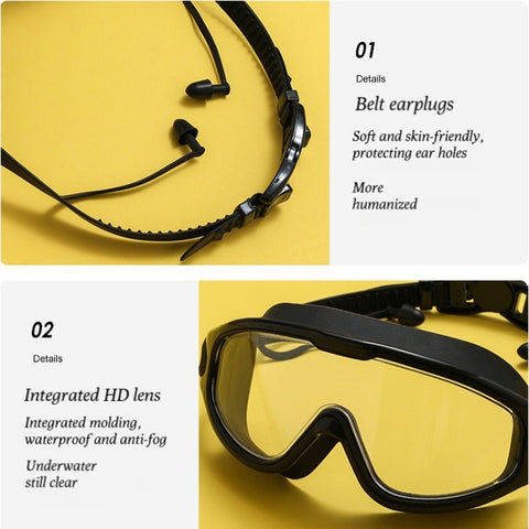 Adults Antifog Professional Swimming Goggles Black Swimming Glasses with Earplugs Nose Clip Electroplate Silicone Swim Glasses