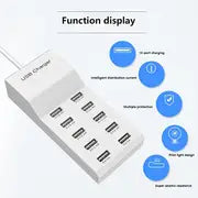 50W 10 Ports USB Mobile Phone Charger 5V2.4A Multi-port USB Charging Stake Charging Station Compatible With Android System Various Models Of Mobile Phones, For Tablets, For Earphones, For Smart Watches, For Bracelet Charging