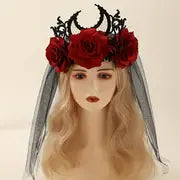 1pc Gothic Style Roes Headband With Veil Ghost Bride Cosplay Accessories Halloween Party Props Headwear
