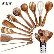 1pc Kitchen Utensils Set With Holder, Kitchen Wooden Utensils For Cooking , Wood Utensil Natural Teak Wood Spoons For Cooking,Wooden Kitchen Utensil Set With Spatula And Ladle, Father's Day Gifts