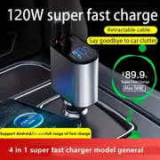 Digital Display Super Fast Charging 120W Metal Car Charger 4-in-1 Cigarette Lighter With Wire Car Charger